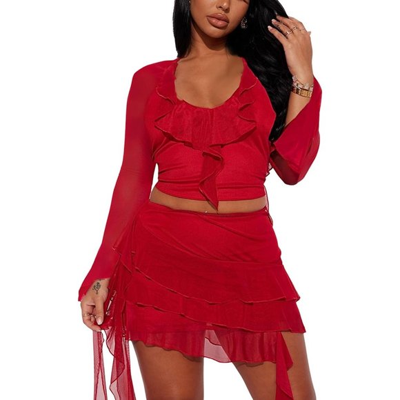 Women Red Sheer Bodycon Sleeveless V-Neck Short Backless Ruffle Club Sexy Dress - Picture 1 of 6